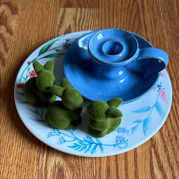 Other - Blue Ceramic Candle Holder with Green Bunny Figurines